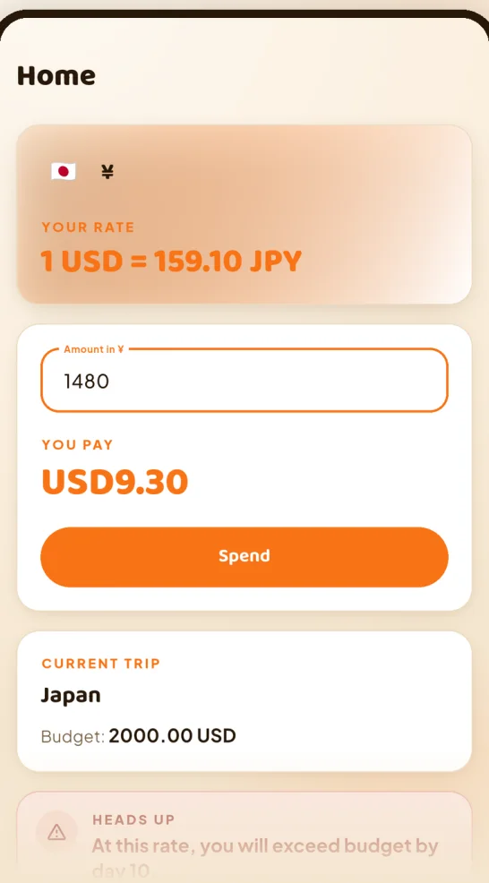 The HowMuchie home screen showing a saved rate of 1 USD = 159.10 JPY, an amount of ¥1,480 converting to USD9.30, and a Spend button.