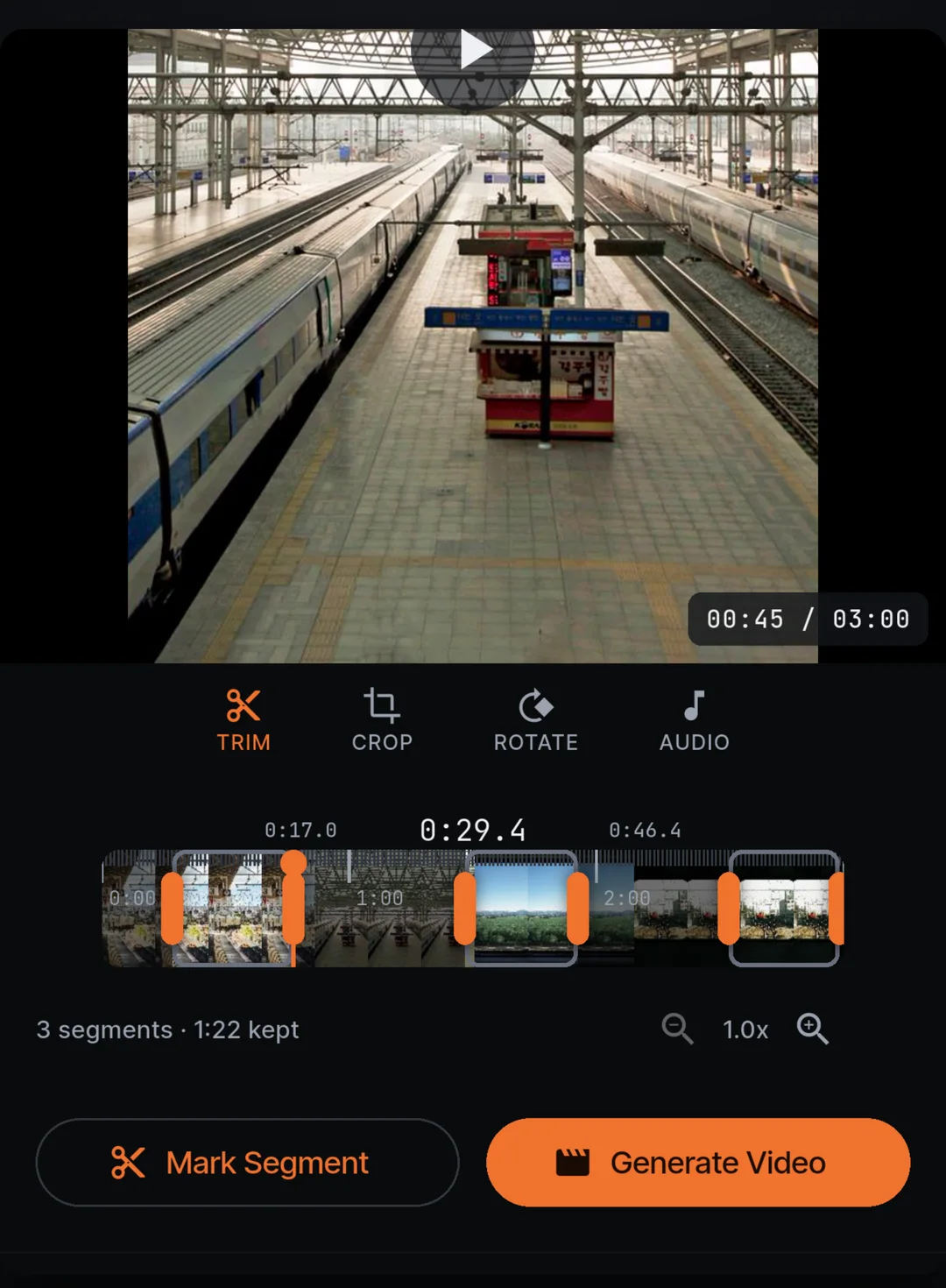 The MultiCut editor with three segments marked on a video timeline, showing 3 segments, 1:22 kept beside the Mark Segment and Generate Video buttons.